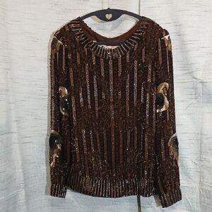 Vintage Jaz 100% Silk Lining Elegant Sequin Embellished Brown Top Sz M